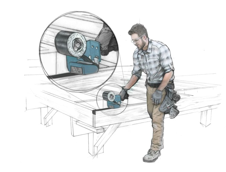 Hand-drawn product sketch of a tape dispenser